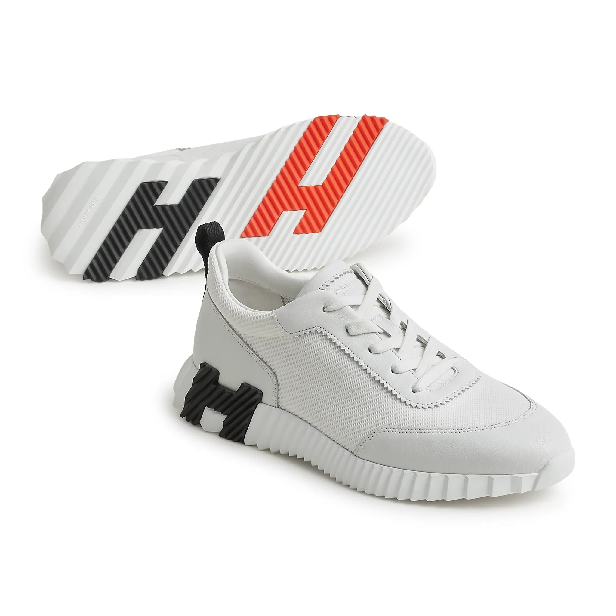 Sole Side View of Hermes Paris Bouncing Mesh Leather Sneaker Blanc H261897ZH90390